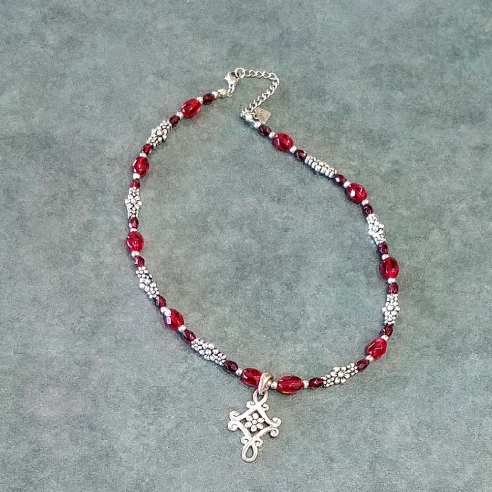 Cookie Lee Necklace 18" Red glass and silver tone Christmas